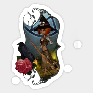 Cute little witch with pumpkin in the halloween night Sticker